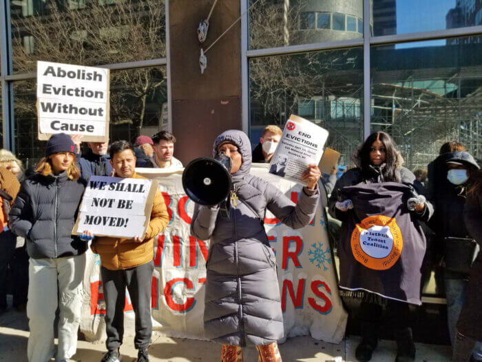 Tenants and community leaders speaking in front of the Brooklyn Housing Court at 141 Livingston St., where Fidele Alberts case was held. Several organizations came together to stand by Fidele in her fight against slumlord David Spindler and to stop all evictions. 