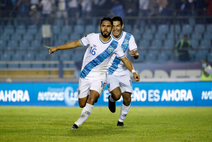 GUATEMALA, GUATEMALA MARCH 27th: José Morales #16 of Guatemala celebrates goal his team with Antonio López #10 during the League B - Group D match between Guatemala and Guayana Francesa in the 2022/23 Concacaf Nations League, held at the Doroteo Guamuch Flores , in Guatemala, Guatemala.