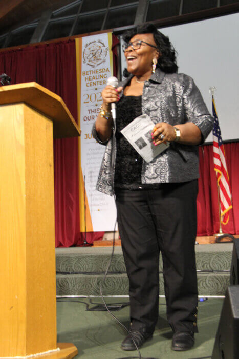 Minna LaFortune gives Vote-of-Thanks in late February 2023 as a coalition of Caribbean Americans honored Congressional Reps. Hakeem Jeffries and Yvette D. Clarke. 