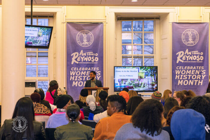 Brooklyn Borough President, Antonio Reynoso addresses “Women Who Tell Our Stories” event at Borough Hall.