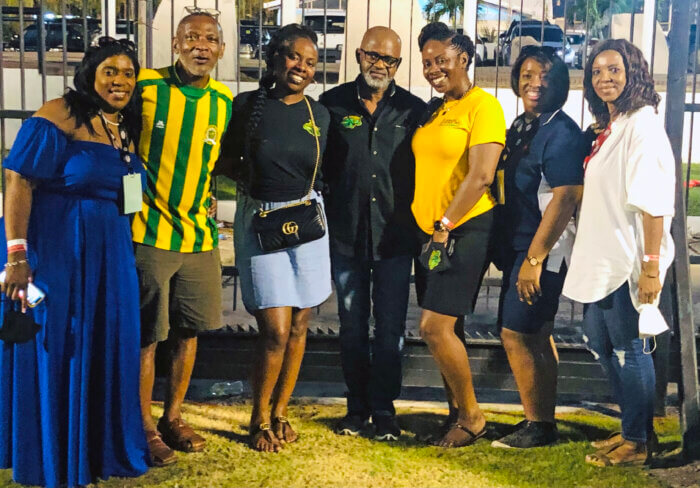 The TJB Team at #Champs2033. From left: Karen Wilson-Robinson, Esq. (co-chair); Oswald Brown, (director); Alicia Hinds, Irwine Clare, Snr. (chairman); Ayesha Hinds (secretary); Michelle Tulloch-Neil, co-chair, Philadelphia Chapter; and Andrea Daley, public relations officer.