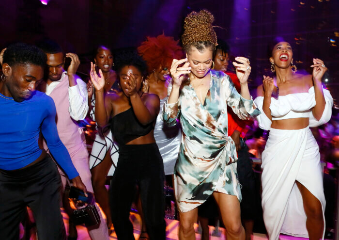 Alvin Ailey American Dance Theater and 2023 Honorary Chair, Andra Day (third from left) dancing at 2023 Ailey Spirit Gala.