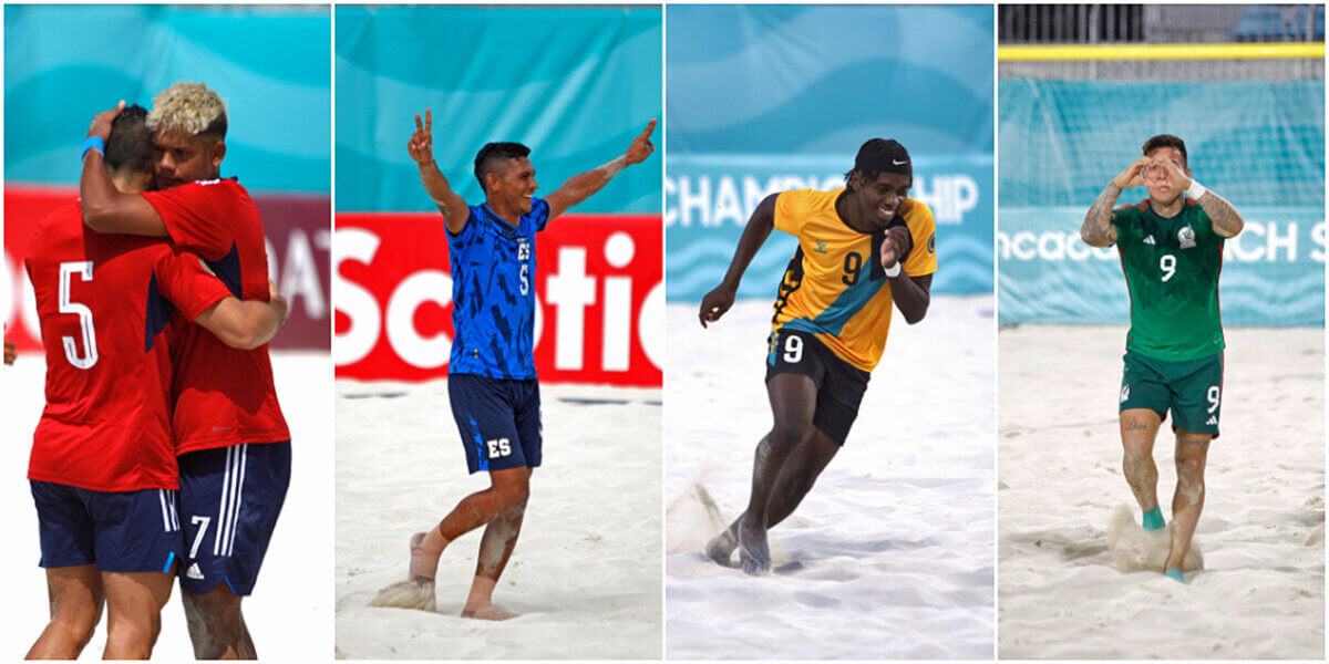 From left, the United States, El Salvador, Bahamas, and Mexico advanced to the semifinals of the Concacaf Beach Soccer Championship on May 12, 2023, in Nassau, Bahamas.
