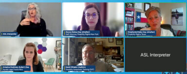 Screenshot from day one of the 2023 Disability and Emergency Preparedness Conference. Top row: Female ASL interpreter (top left), Staff Attorney Alyssa Galea from Disability Rights New York (DRNY, top center), Stephanie Duke from Disability Rights Texas (DRTX, top right). Bottom row: Ariadna Godreau-Aubert from Ayuda Legal (Spanish for Legal Help) Puerto Rico (bottom left), and David Whelan from Disability Awareness Training (DAT) at Niagara University (bottom center). 