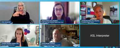 Screenshot from day one of the 2023 Disability and Emergency Preparedness Conference. Top row: Female ASL interpreter (top left), Staff Attorney Alyssa Galea from Disability Rights New York (DRNY, top center), Stephanie Duke from Disability Rights Texas (DRTX, top right). Bottom row: Ariadna Godreau-Aubert from Ayuda Legal (Spanish for Legal Help) Puerto Rico (bottom left), and David Whelan from Disability Awareness Training (DAT) at Niagara University (bottom center). 