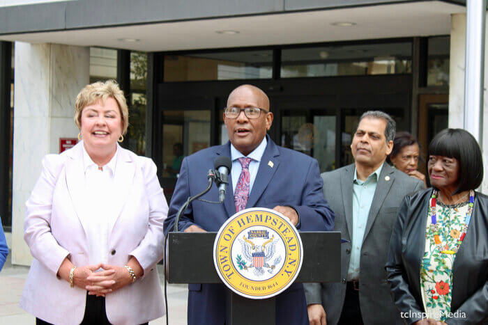 Town Clerk Kate Murray, Consular General of Guyana to New York, Ambassador Michael Brotherson, Executive Director, Community Affairs Zahid Sayed, and Deputy Supervisor, Town of Hempstead, Dorothy L. Goosby at the podium during the commemoration of Guyana 57th Anniversary of Independence.