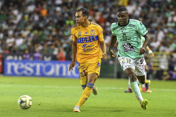(L-R), Fernando Ordonez of Tigres and Joel Campbell of Leon during the game Leon vs Tigres UANL, corresponding to Round 17 of the Torneo Clausura 2023 of the Liga BBVA MX, at Nou Camp Stadium, on April 30, 2023.