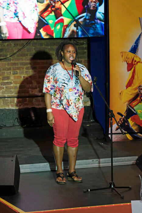 Nathifa Lewis sings the Grenada National Anthem at the launch of Spicemas in Brooklyn.