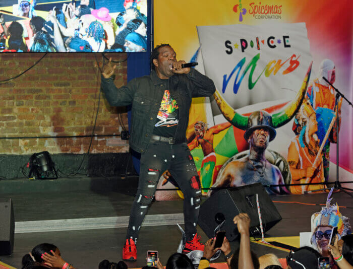 The 2022 Calypso Monarch of Grenada Finley Jeffrey known as the Scholar and King Scholar performing at the Spicemas launch in Brooklyn, New York.