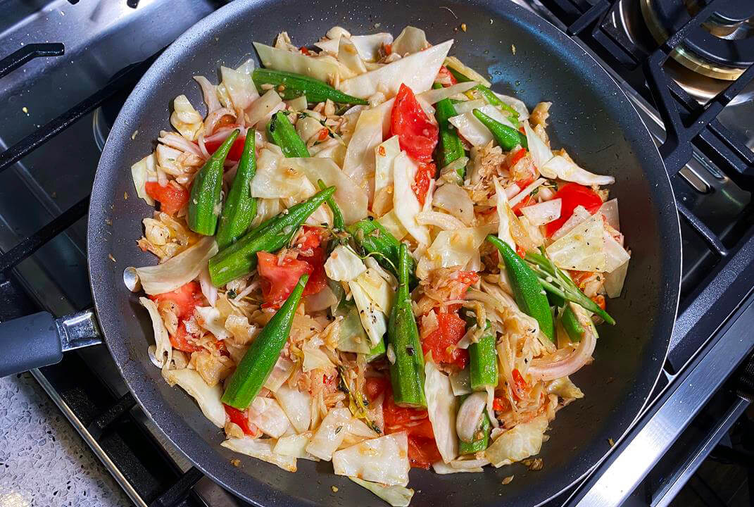 Stewed Saltfish With Okra And Cabbage.