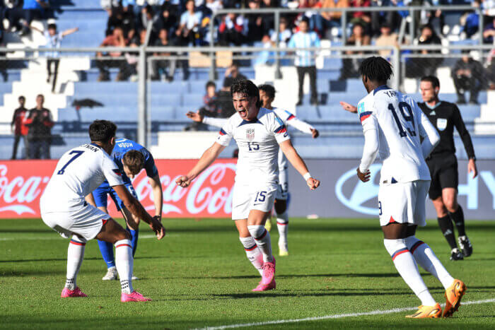 Niko Tsakiris of USA celebrates with his teammates after scoring the team's second goal during the FIFA U-20 World Cup Argentina 2023 Group B match between Slovakia and USA at Estadio San Juan on May 26, 2023 in San Juan, Argentina.
