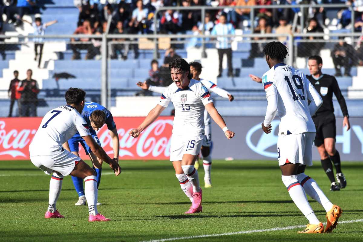 Niko Tsakiris of USA celebrates with his teammates after scoring the team's second goal during the FIFA U-20 World Cup Argentina 2023 Group B match between Slovakia and USA at Estadio San Juan on May 26, 2023 in San Juan, Argentina.