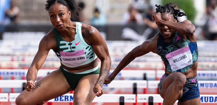 Jasmine Camacho Quinn on her way to a 100m hurdles win at the USATF Bermuda Grand Prix.