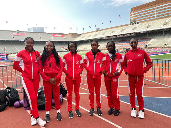 TSSS athletes pose on the tracks during the Penn Relays at the Franklin Field Stadium at the University of Pennsylvania in Philadelphia.
