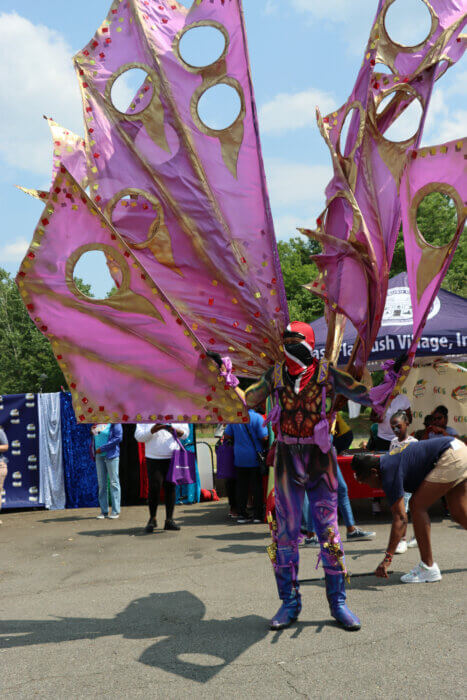 Displaying a huge carnival costume. 