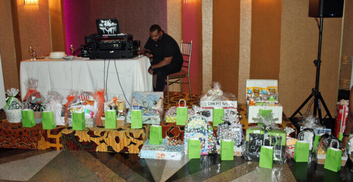 Some of the many donated gifts items raffled off to raise funds to combat food insecurity at Calvary's Mission Food Pantry 2nd Annual Fundraising Gala at Terrace on the Park, Queens.