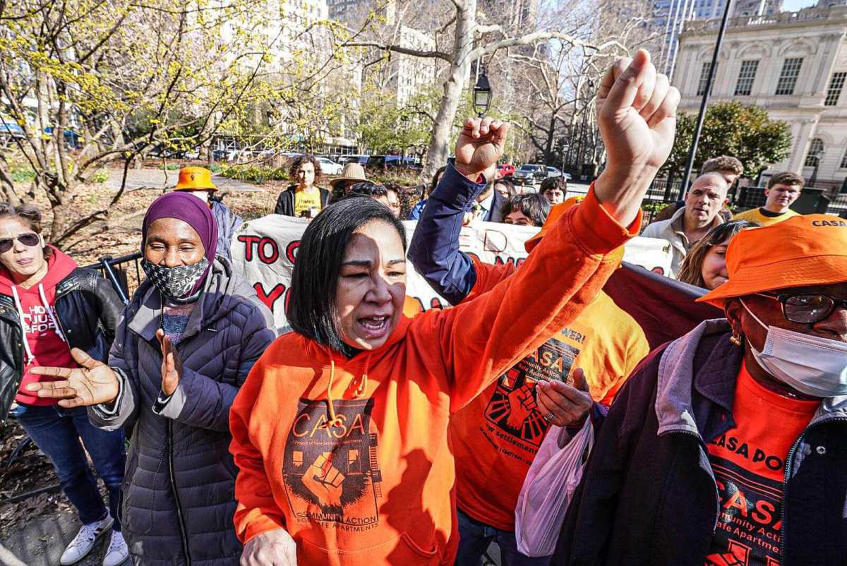 Advocates and pols gathered outside City Hall on March 27, 2023 to demand more funding for Right to Counsel.