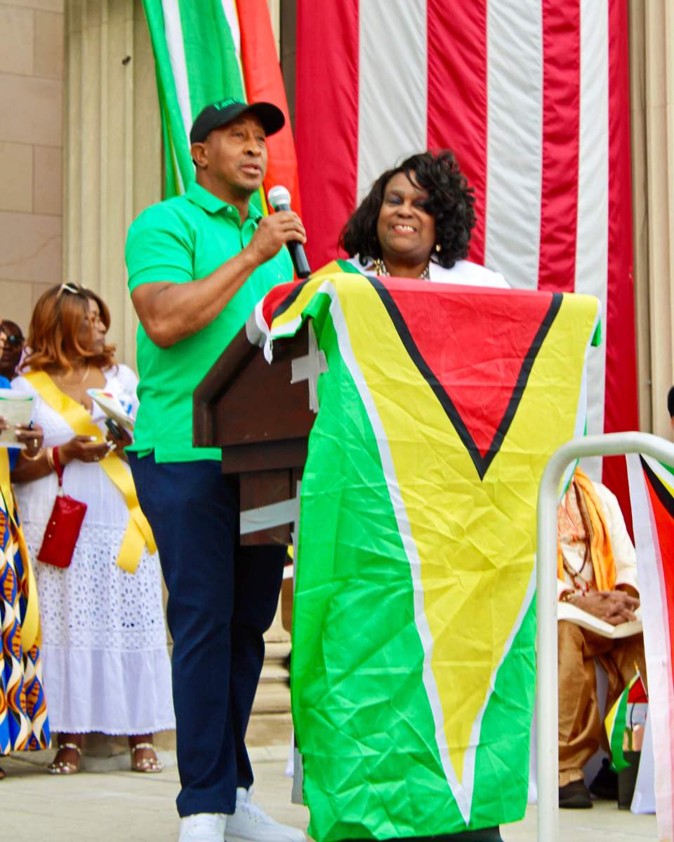 Mayor of the City of East Orange, NJ Ted R. Green, addresses expatriates at the 57th Anniversary of Independence on City Hall Plaza.