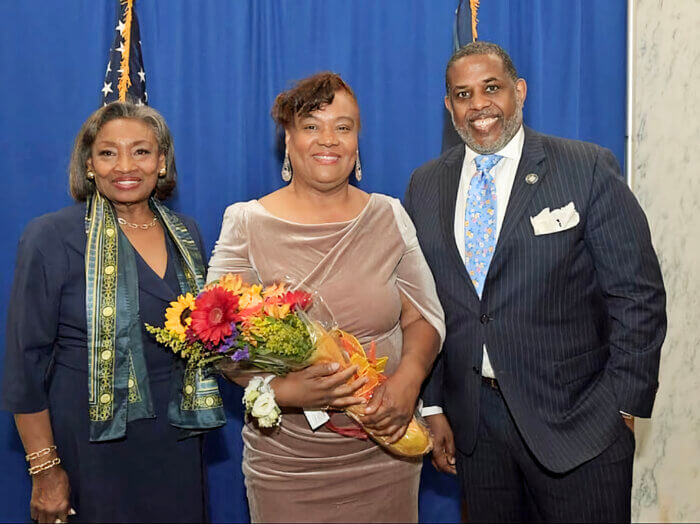 President Pro Tempore and Majority Leader, Andrea Stewart-Cousins, Senator Kevin Parker and Woman of Distinction honoree, Haitian-born Mildred Marie Lovell at the New York State Capital, Albany on May 16.
