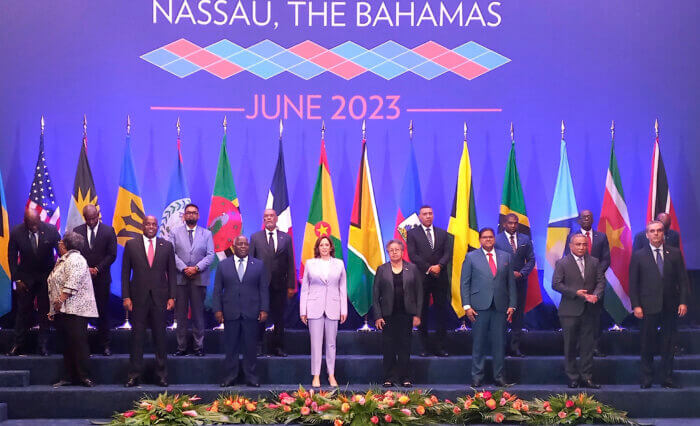 U.S. Vice President Kamala Harris, center, poses for an official group photo with leaders attending the US - Caribbean Leaders meeting, at the Atlantis Conference Center in Nassau, Bahamas, Thursday, June 8, 2023.