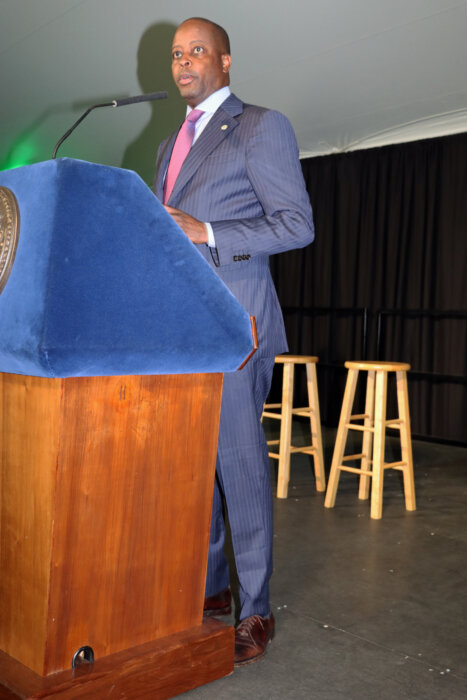 Trinidadian Dr. Wayne A. I. Frederick, the 17th president of Howard University, addresses ceremony at Gracie Mansion.