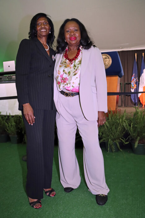 Justice Sylvia Hinds-Radix, Corporation Counsel, right, with Jamaican Dr. Ionie Pierce, former chair of the Brooklyn-based West Indian American Day Carnival Association (WIADCA). 