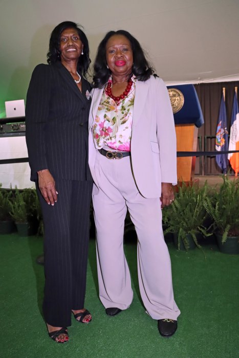 Justice Sylvia Hinds-Radix, Corporation Counsel, right, with Jamaican Dr. Ionie Pierce, former chair of the Brooklyn-based West Indian American Day Carnival Association (WIADCA).