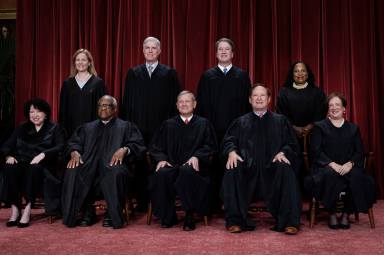 FILE - Members of the Supreme Court sit for a new group portrait following the addition of Associate Justice Ketanji Brown Jackson, at the Supreme Court building in Washington, Oct. 7, 2022. Bottom row, from left, Associate Justice Sonia Sotomayor, Associate Justice Clarence Thomas, Chief Justice of the United States John Roberts, Associate Justice Samuel Alito, and Associate Justice Elena Kagan. Top row, from left, Associate Justice Amy Coney Barrett, Associate Justice Neil Gorsuch, Associate Justice Brett Kavanaugh, and Associate Justice Ketanji Brown Jackson.