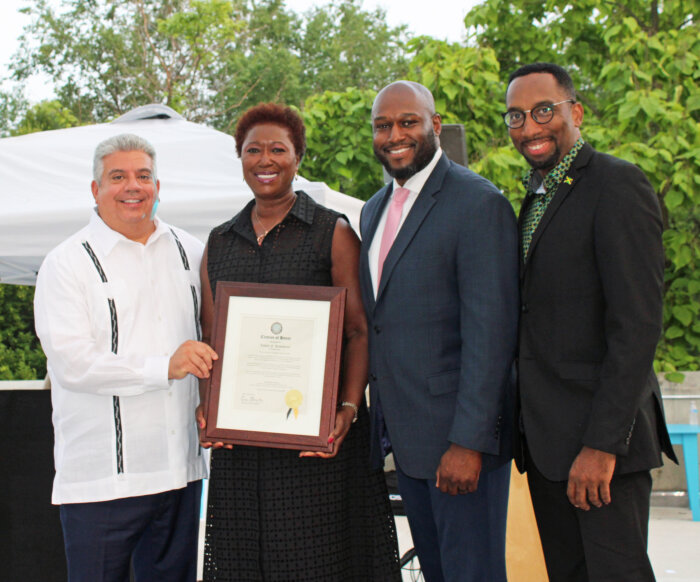 Brooklyn DA Eric Gonzalez presented Omar and Lorna Hawthorne, owners of Golden Krust Caribbean Restaurant with the Citation of Honor during the first Caribbean American Heritage event hosted by the Office of the Brooklyn District Attorney on June 29. It was held at the Brooklyn Children's Museum.