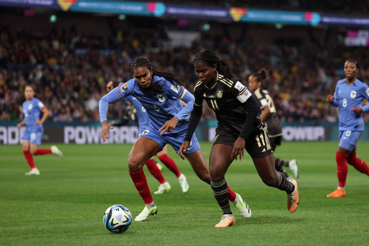 Khadija Shaw of Jamaica controls the ball against Wendie Renard of France during the FIFA Women's World Cup Australia & New Zealand 2023 Group F match between France and Jamaica at Sydney Football Stadium on July 23, 2023 in Sydney, Australia.