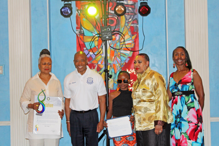 From left, proclamation recipient Taur D. Orange, FIT, Mayor Eric Adams, Amirah Holmes, J-Love founder Jacqueline Love Callaway, and best-selling author, Athena Dent-Alleyne who served as emcee.