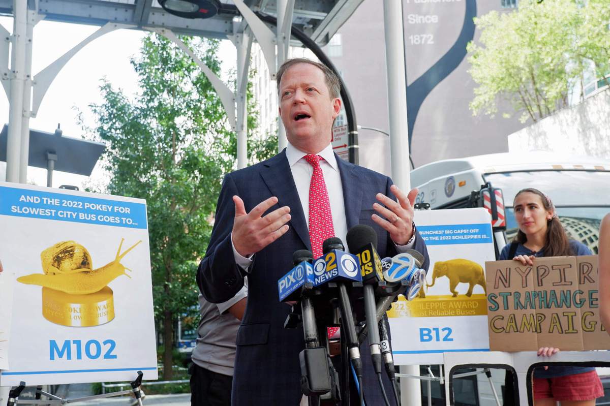 New York City Transit President Richard Davey speaks at the Pokey and Schleppie Awards in Manhattan on Aug. 8, 2022.