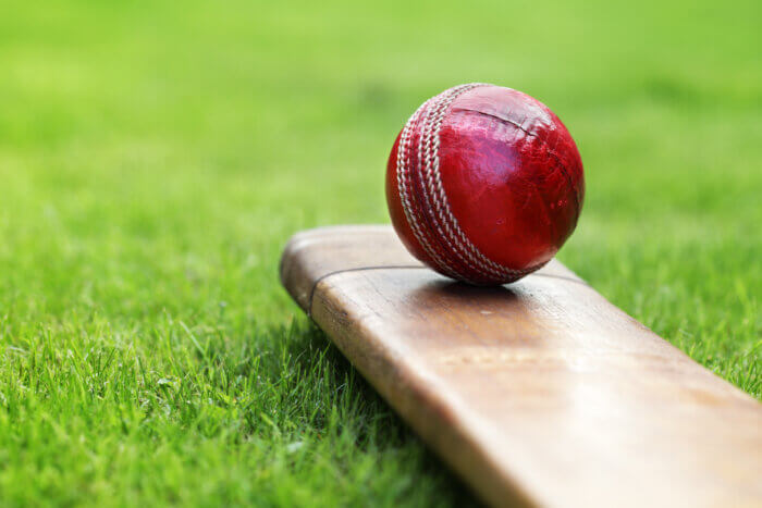 Close-up of red cricket ball and bat sitting on grass