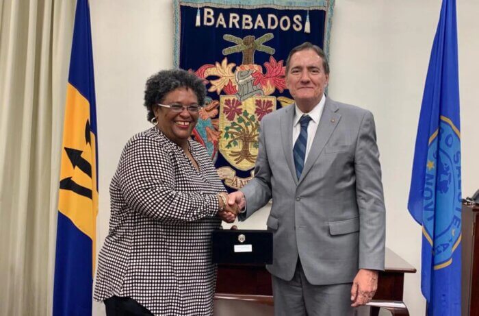 Prime Minister of Barbados, Mia Amor Mottley, meets with Pan American Health Organization (PAHO) Director, Dr. Jarbas Barbosa.