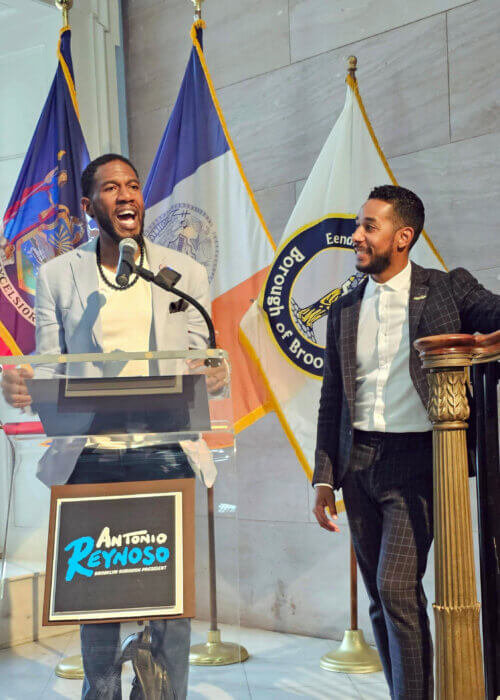 Public Advocate Jumaane Williams delivers remarks flanked by Brooklyn Borough Prez Anthonio Reynoso.