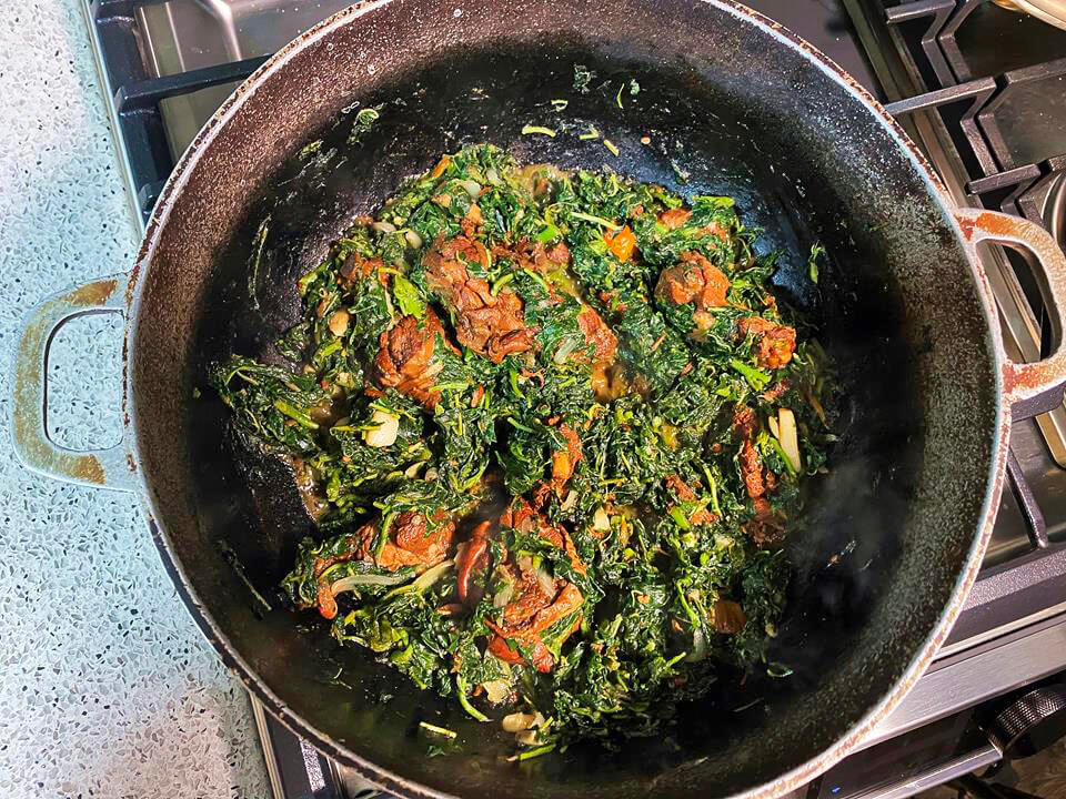 Chorai Bhagi (Jamaican Callaloo) with Stewed Chicken recipe.