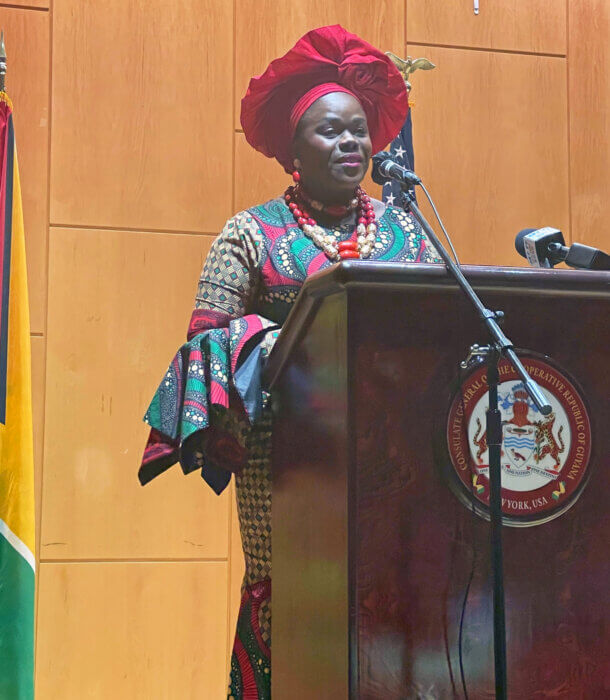 Dr. Gillian Richards-Greaves delivering her speech, “A Perspective on Emancipation.”