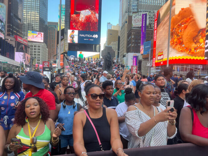 Massive audience enjoying the Tropicalfete‘s pop-up Caribbean Carnival in Times Square.