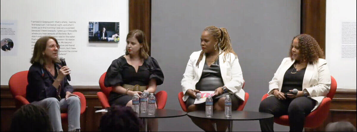 From left: Moderator Jennifer Weiss-Wolf, with panelists Irin Carmon, Shawnda Chapman, and Joanne N. Smith, all seated on stage during the Brooklyn Public Library's Center for Brooklyn History (BPL-CBH) talk on Sept. 20.