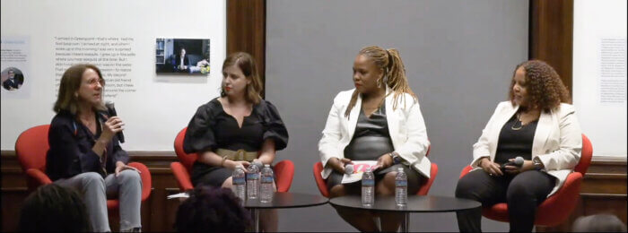 From left: Moderator Jennifer Weiss-Wolf, with panelists Irin Carmon, Shawnda Chapman, and Joanne N. Smith, all seated on stage during the Brooklyn Public Library's Center for Brooklyn History (BPL-CBH) talk on Sept. 20.