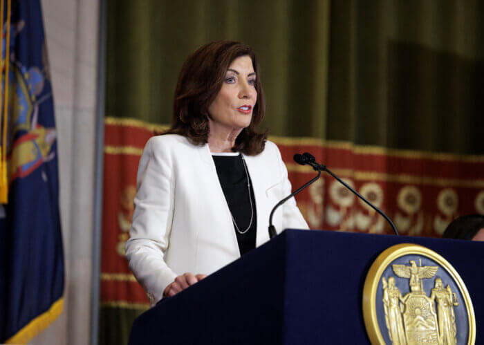 Sept. 26, 2023 - Albany, NY - Governor Kathy Hochul speaks during a news conference in the Red Room at the State Capitol.