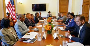 House Democratic Leader Hakeen Jerffries, third from left, with Congressional representatives in meeting with Guyana delegation led by Dr. Mohamed Irfaan Ali.