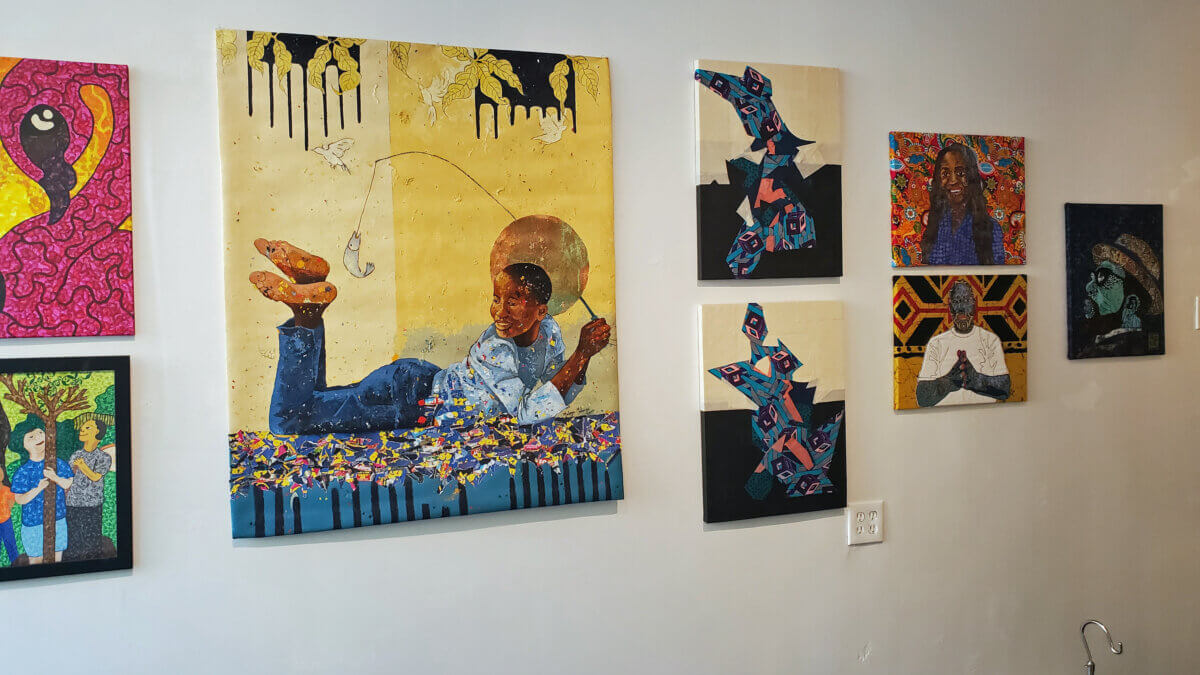 New works hung up on a wall in Calabar Gallery for the art stroll on Sept. 8. In this photo, the works are by artists Donchellee Fulwood, Mulenga J. Mulenga, Sika Foyer and Rosy Petri.