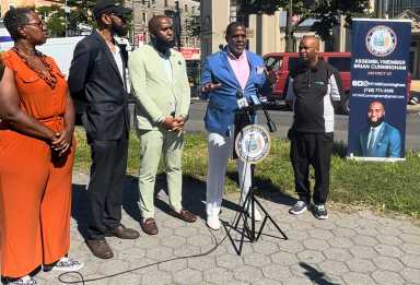 Assemblymember Brian Cunningham, third from left, Sen. Kevin Parker and Alton Aimable, founder and president of Tropicalfete Inc. among others, at a recent press conference that addressed the steel pan music curriculum bill of NYC schools, being sponsored in the State Assembly by Assemblymember Brian Cunningham.