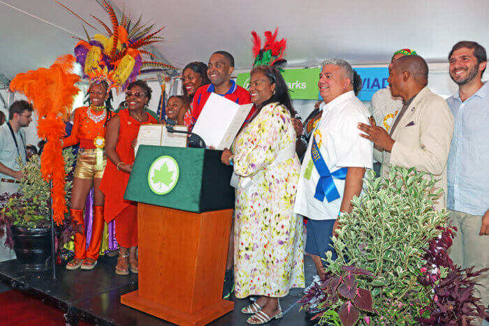 Sen. Zellnor Myrie with local elected officials and WIADCA officials at the Pre-Carnival Breakfast.