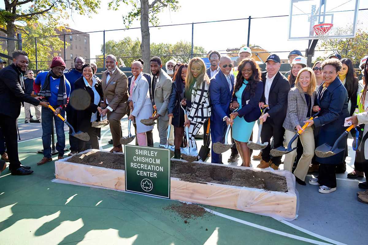 Mayor Eric Adams, fifth from right, with elected and other officials, break ground for new Shirley Chisholm Recreation Center in Brooklyn.