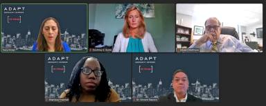 Screen grab of moderator and panelists in session 1 of the Virtual Family Connect Summit, hosted by ADAPT Community Network on Oct. 5, 2023. Top Row: Tracy Pickar, Courtney E. Burke and Edward R. Matthews. Bottom Row: Shaniqua Freeman and Dr. Vincent Siasoco.