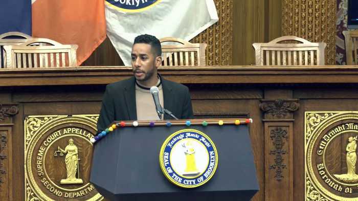 BP Antonio Reynoso addresses a gathering at Borough Hall on Sept. 27.