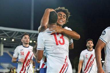 Gerald Diaz #13 of Puerto Rico celebrating during the CONCACAF NATIONS LEAGUE match between Puerto Rico and Antigua & Barbuda, held at the Thomas A. Robinson Stadium, in Nassau, Bahamas.