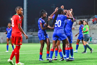 BASSENTERRE, HAITI, OCT. 30. Haiti team celebrating during the match between Haiti and Saint Kitts and Nevis as part of the 2023 Concacaf Road to Gold Cup Women's at SKNFA TECHNICAL CENTRE Stadium in Bassenterre, Haiti..